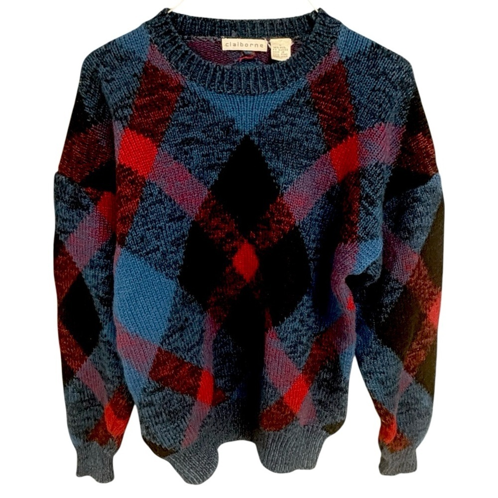 Vtg Mens Lg 100%  Wool Argyle Crewneck Sweater Cabin Heritage Grandpa Claiborne - Picture 3 of 6